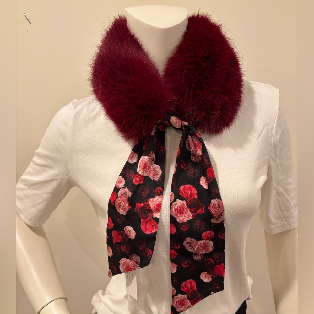 WHBM Floral Rose Burgundy Faux Fur Scarf, Women’s One Size